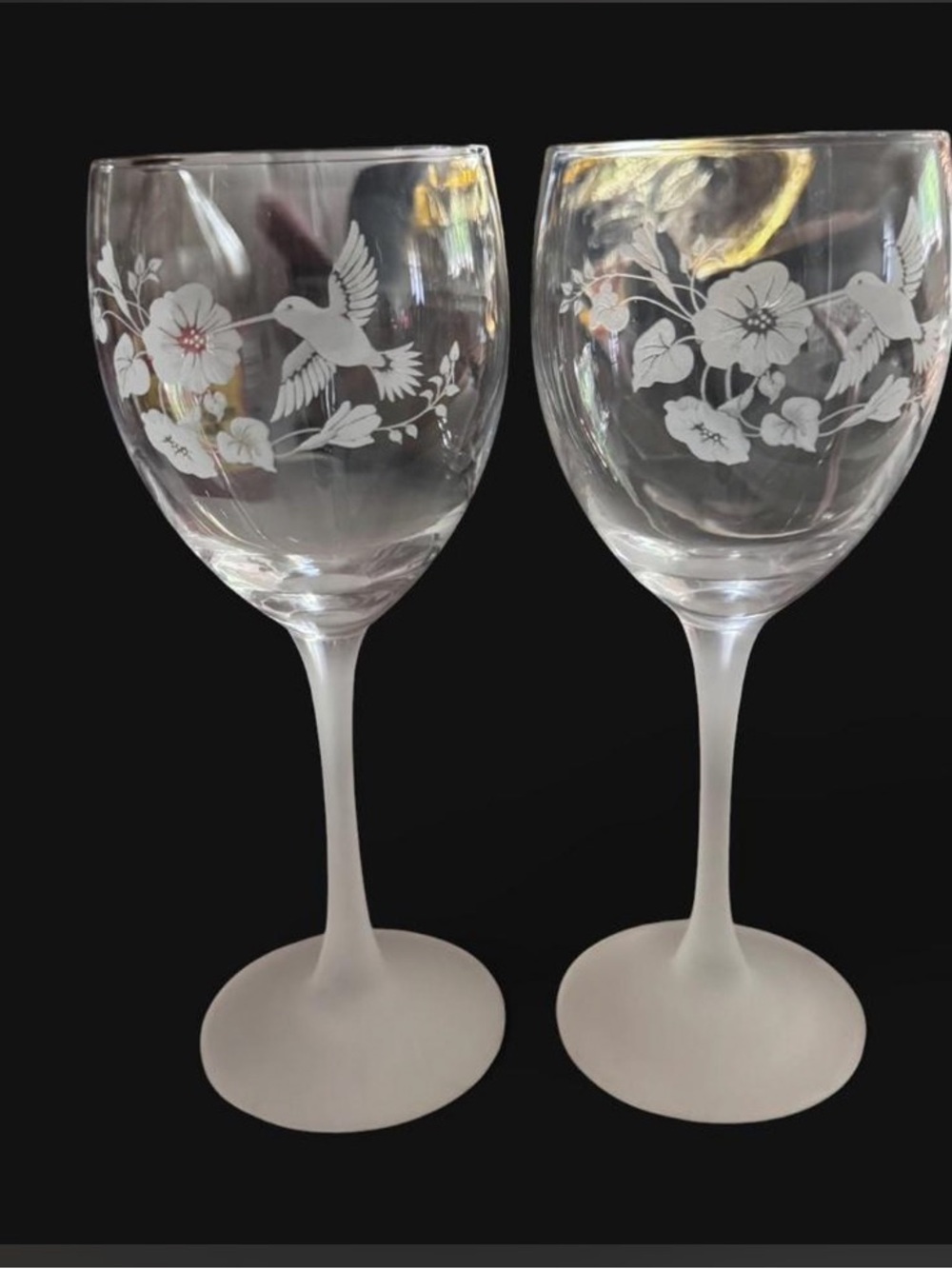 Vintage Avon Crystal Goblets w Etched Hummingbird & Floral Designs